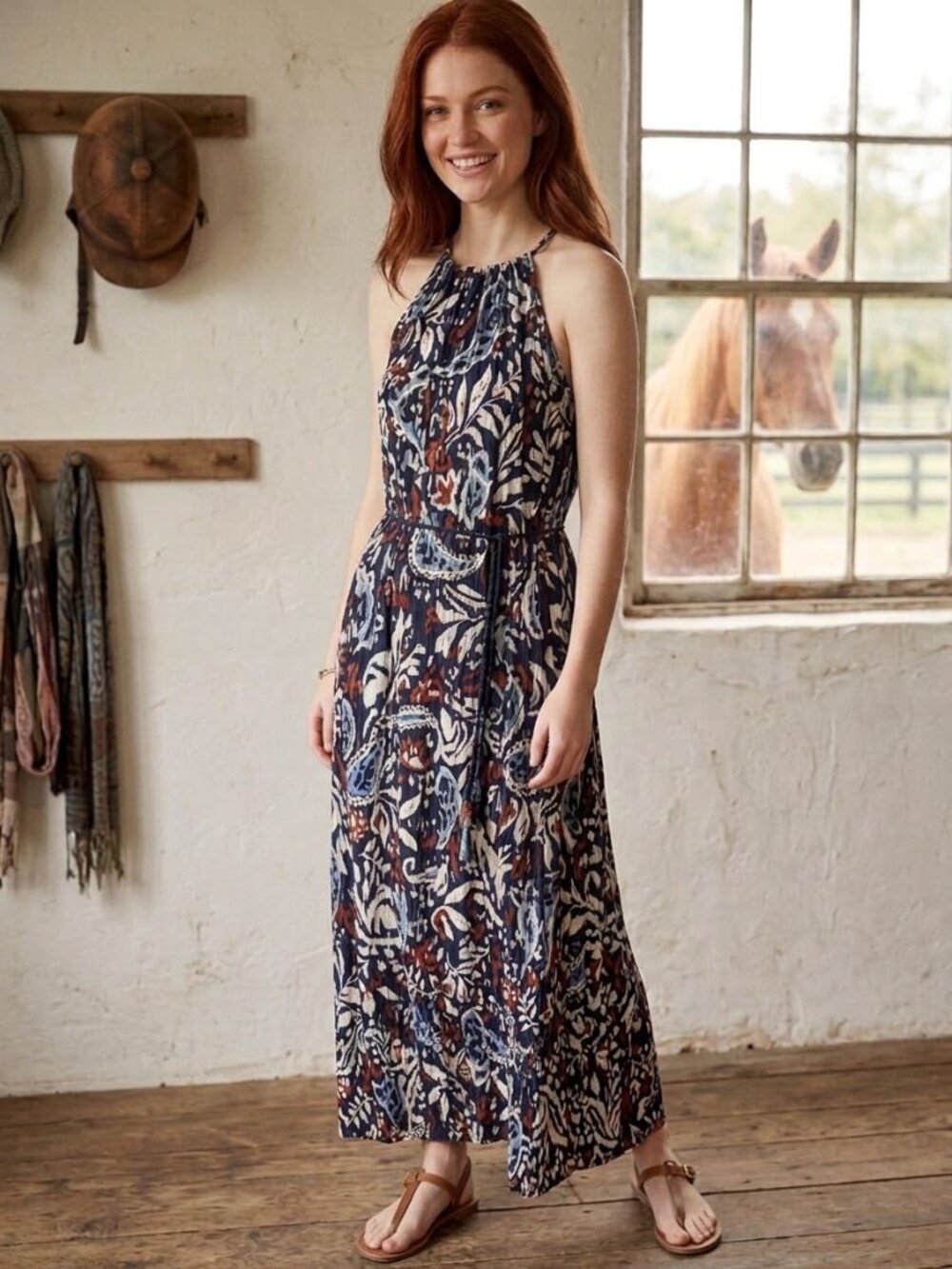 Lucky Brand Maxi Dress Floral Paisley Ikat Halter Tiered Belt Boho XS Americana